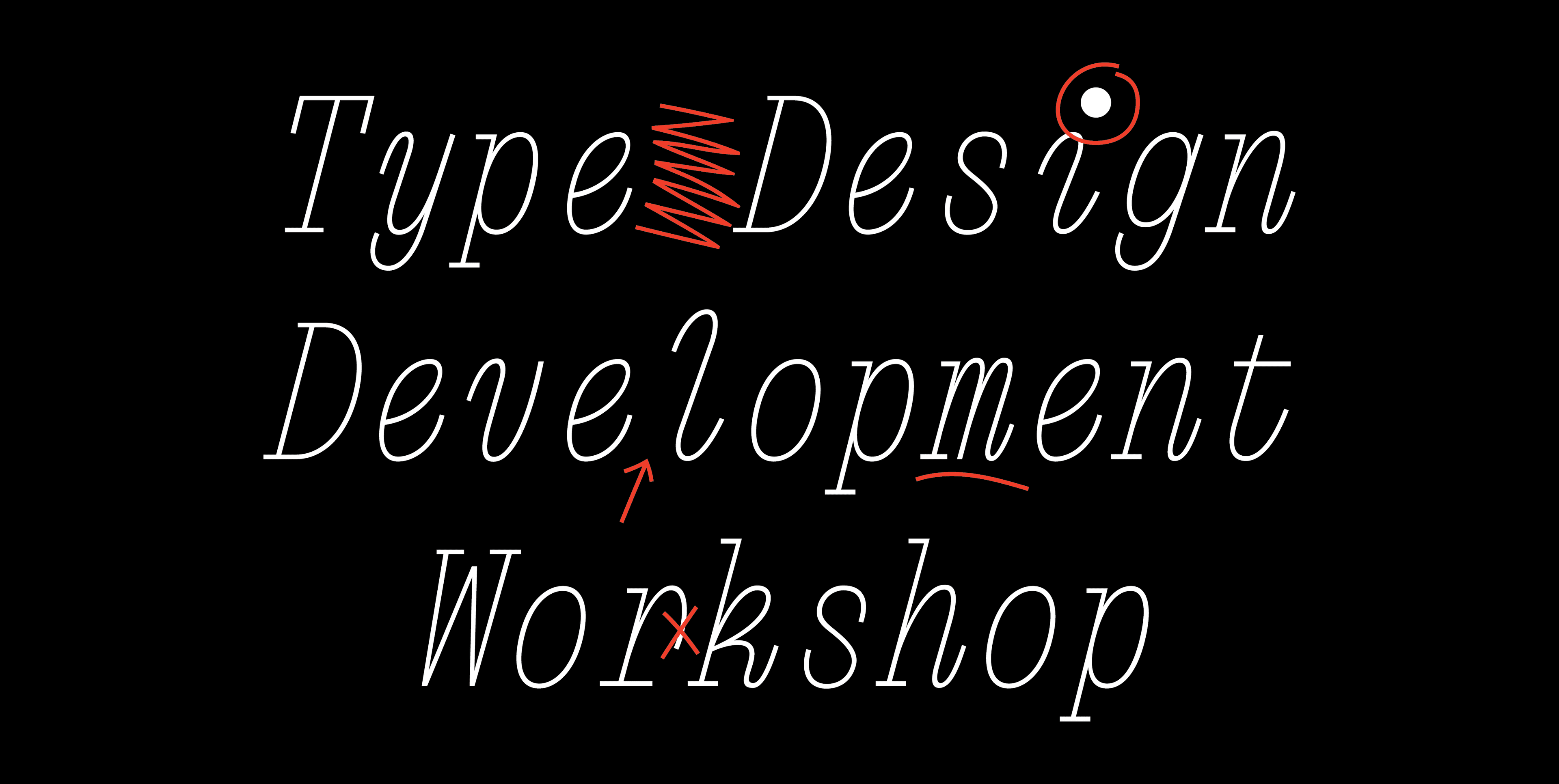 White thin italic serif typeface set over a black background with type design proofing annotations in red.